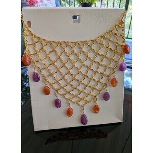 ZARA Bib Necklace Women Golden Metallic Lattice Purple Orange Beaded Boho Egypt